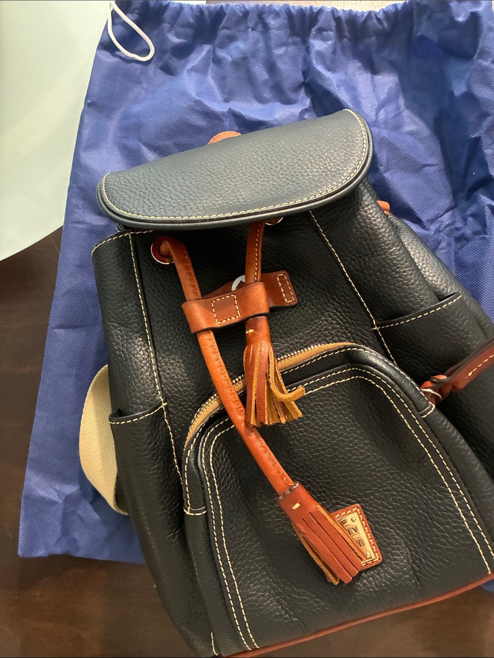 Dooney & Bourke Black (Navy Blue) Leather Backpack with Brown Trim and Tassels